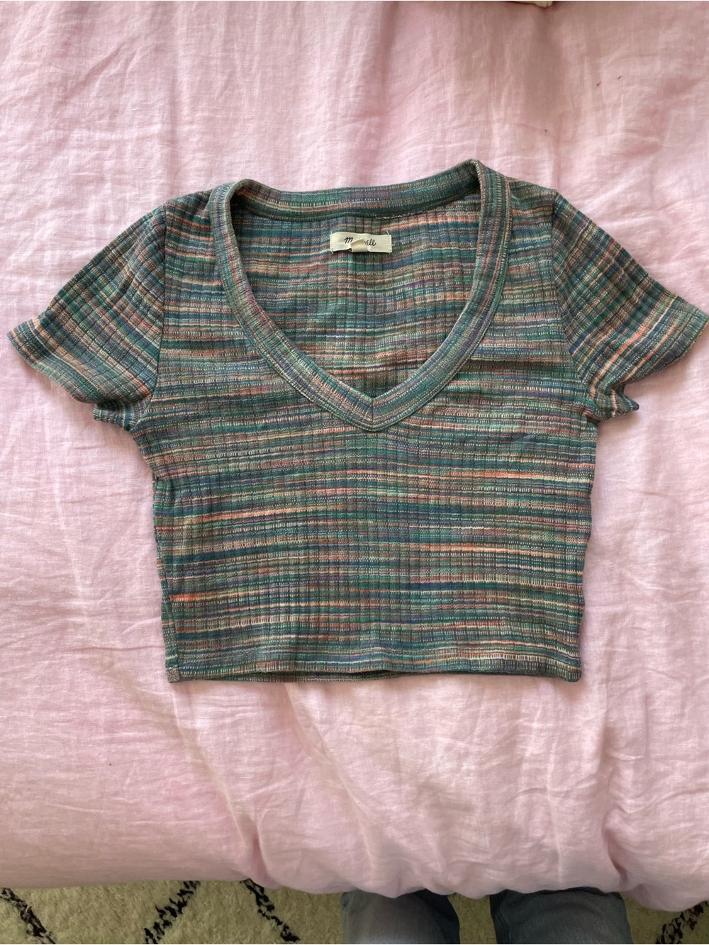 Madewell Ribbed V-Neck Cropped Tee in Teal and Pink Stripe